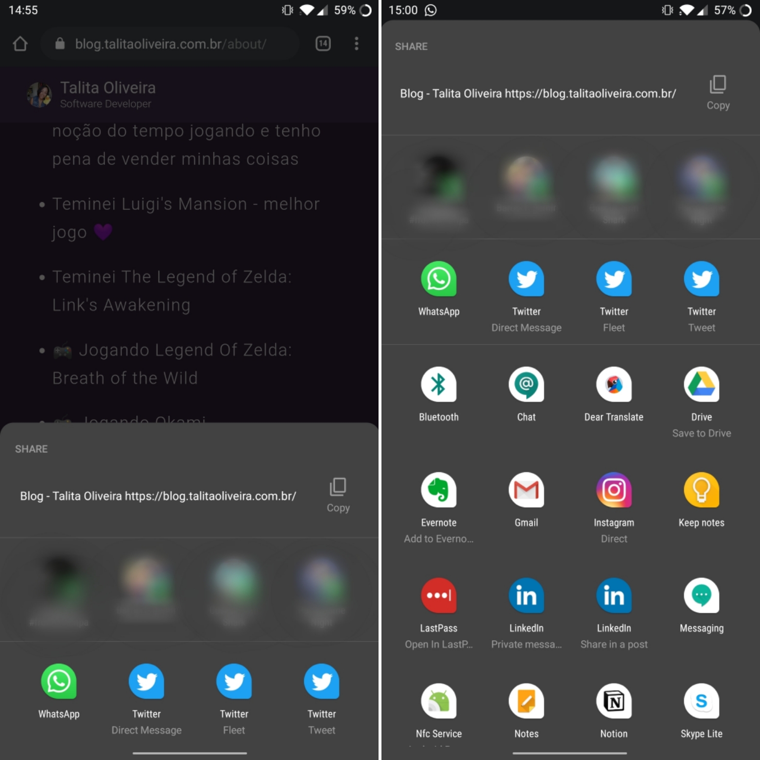 Imagem mostrando duas telas. Primeira tela ao lado esquerdo mostrando a pagina sobre do meu blog de fundo um pouco desfocado e uma parte saindo de baixo pra cima com as opções de compartilhamento do blog. Imagem da direita é a parte de compartilhamento expandida na tela inteira, cobrindo a parte que mostrava o blog