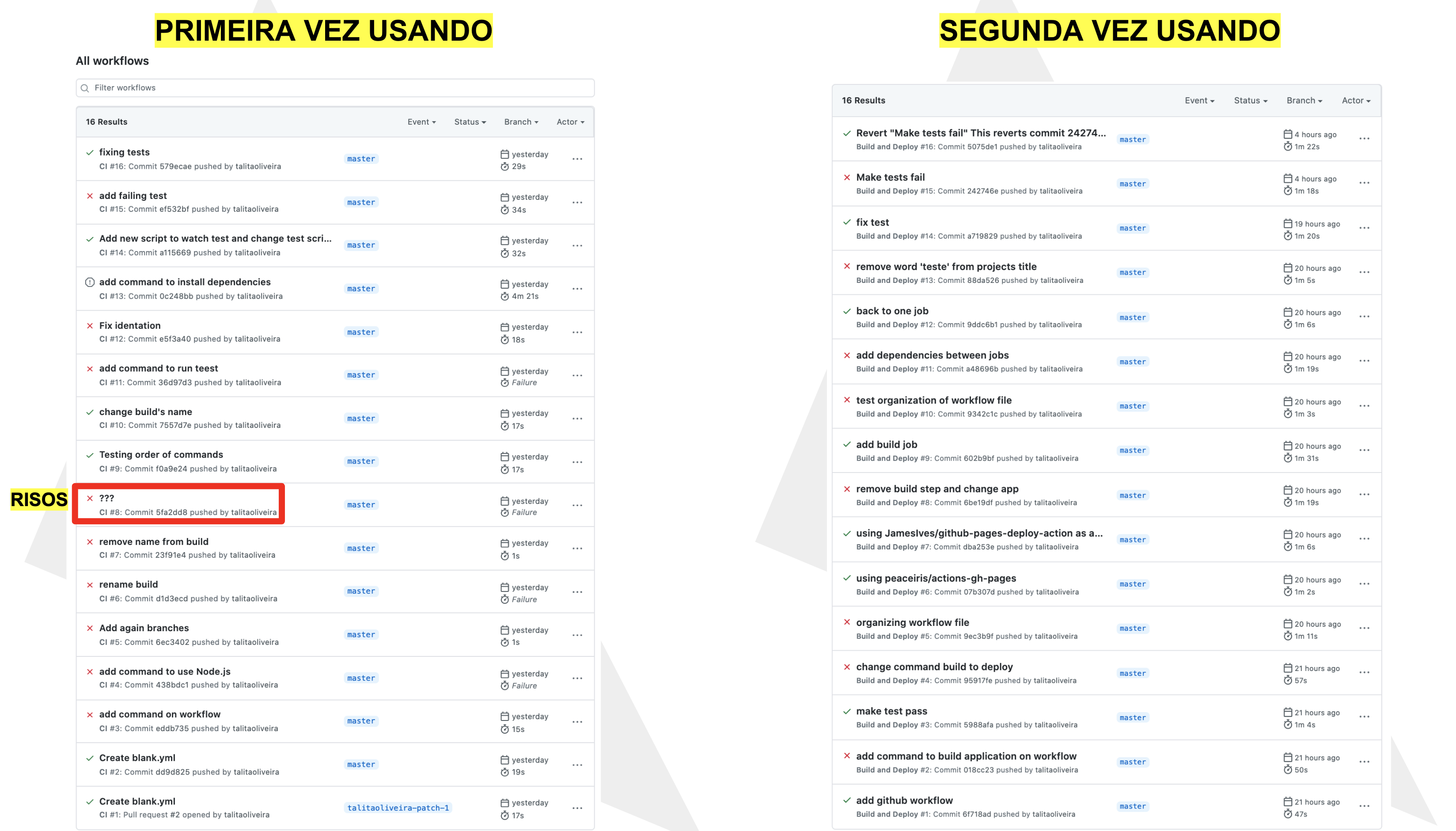 Print dos nomes dos commits que fiz para testar as mudanças que estava fazendo no workflow. Comparando a primeira vez que testei o workflow (tentando entender como funcionava), e a segunda vez (ainda tentando entender só que melhor).