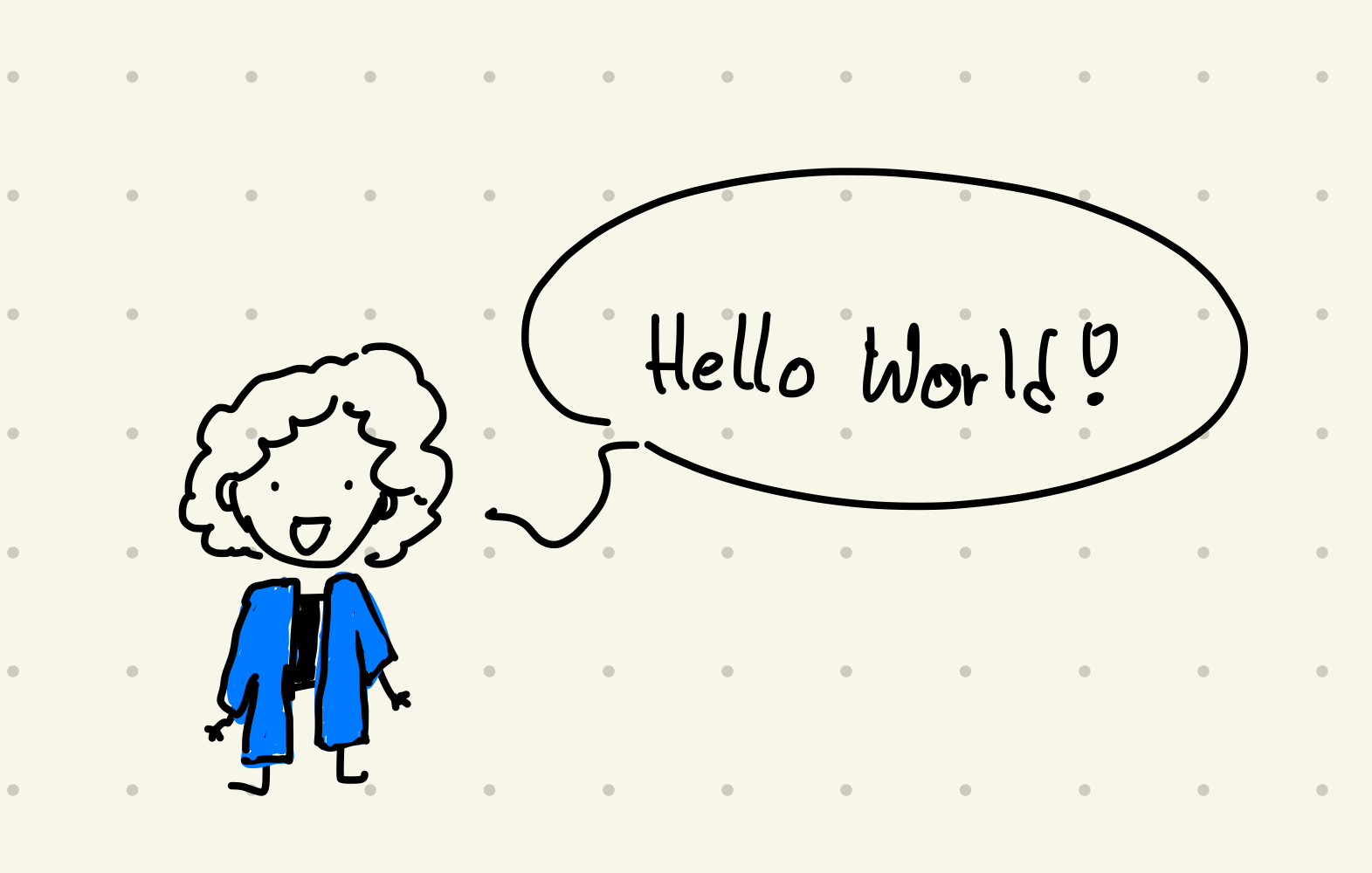 drawing of a sticky figure with curly hair, a blue jacket, and a black t-shirt