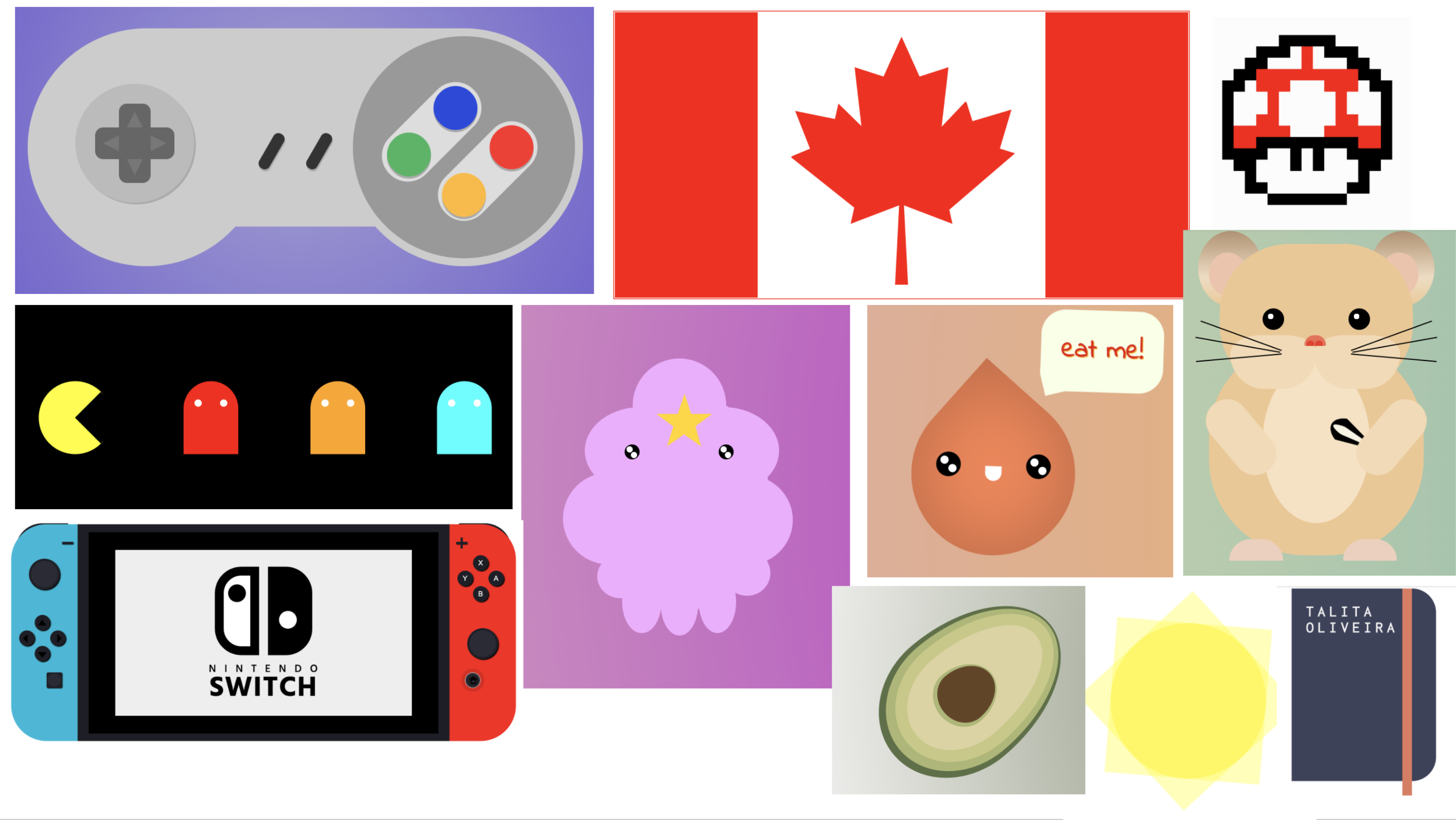 Desenhos de: gamepad de supernintendo, bandeira do Canadá, cogumelo vermelho do Mário em 8bit, pacman e 3 fantasmas, Princesa Caroço, Coxinha, Hamster, Abacate, Sol, caderno, nintendo switch.