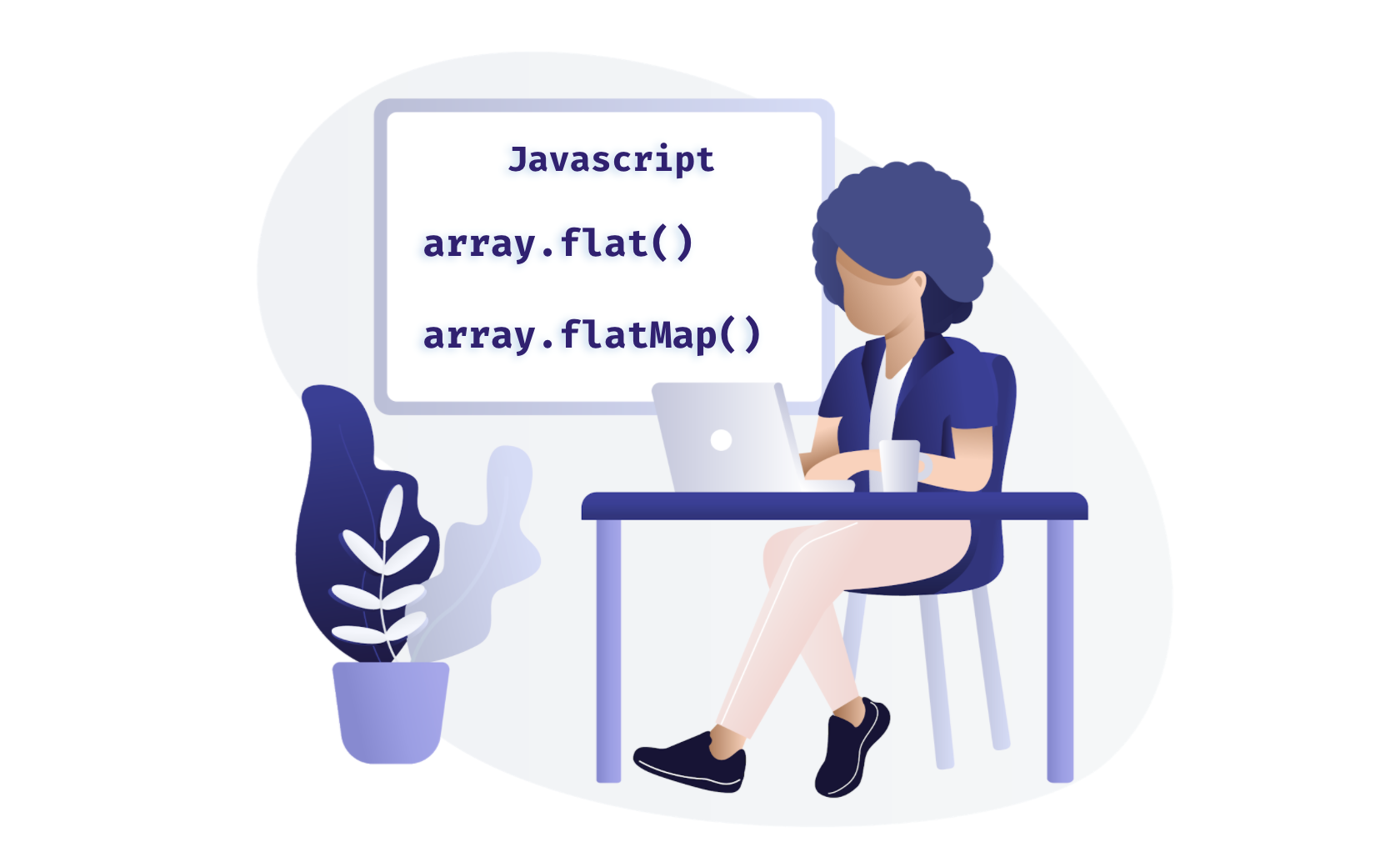 Desenho de uma mulher usando o computador e um quadro atras com os nomes dos métodos "array.flat()", "array.flatMap()"