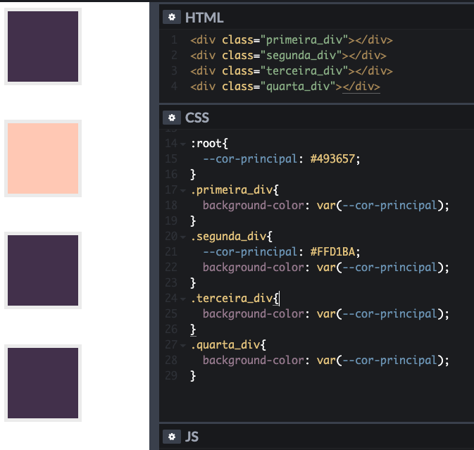 Mesma imagem da anterior, porém na segunda div o valor da variável é "—cor-principal" sobreescrito por: "#FFD1BA" (cor rosa claro)