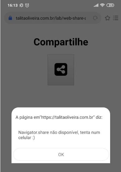 Tela de navegador no celular, mostrando de fundo um texto centralizado e um botão. No texto está escrito a palavra Compartilhe e no botão apenas um icone de compartilhamento (uma bolinha que dela saem para o lado direito duas linhas curtas e bolinhas em cada ponta, totalizando 3 bolinhas e 2 linhas)